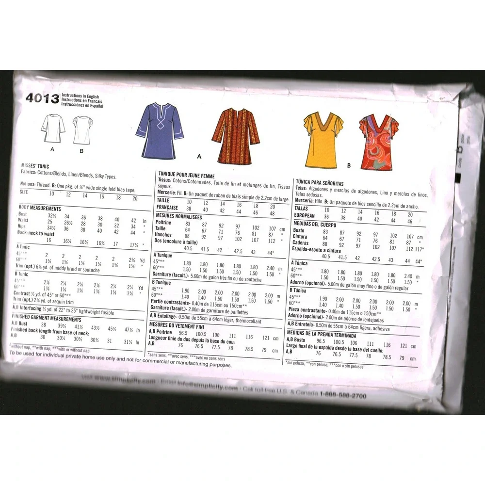 Simplicity 4013 Sewing Pattern Misses Tunic Top V-Neck Flutter Sleeve Size 10-16